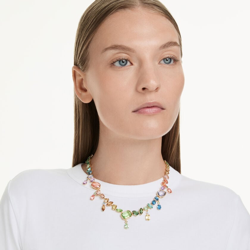 swarovski gema necklace  mixed cuts  dangling crystals  multicolored  gold tone plated