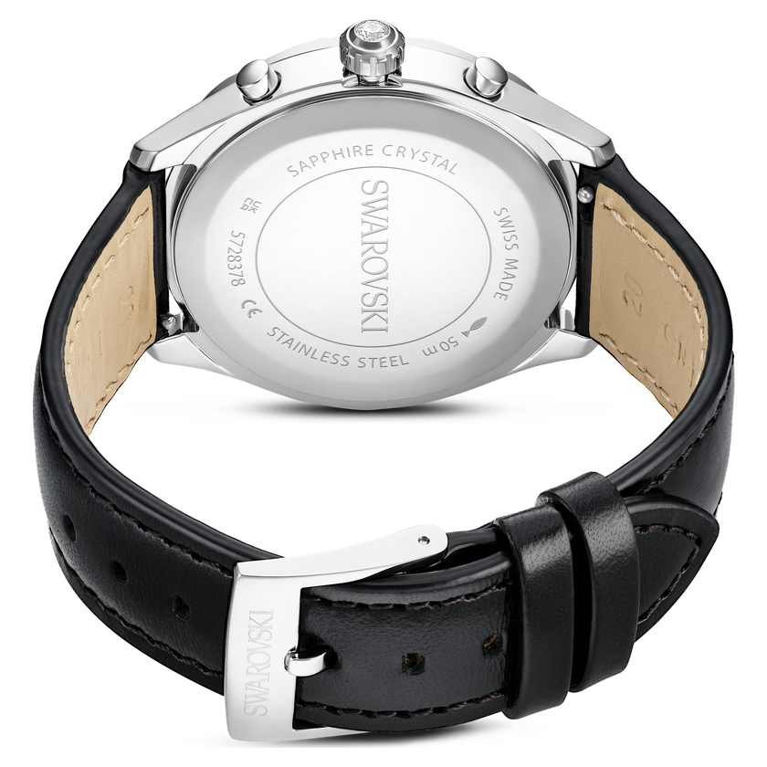 swarovski dextera tachymetre watch  swiss made  leather strap  silver tone  stainless steel