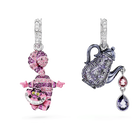 swarovski alice in wonderland drop earrings asymmetrical design cat and teapot multicolored rhodium plated