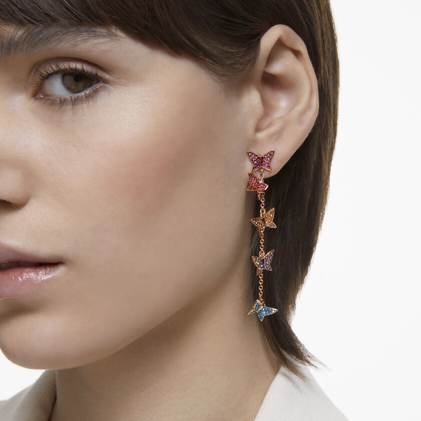 swarovski lilia drop earrings  butterfly  long  multicolored  rose gold tone plated