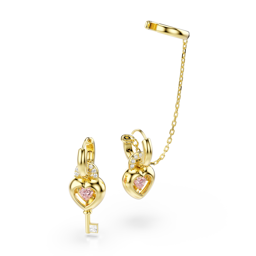 swarovski idyllia drop earrings with ear cuff  mixed cuts  heart with key  pink  gold tone plated