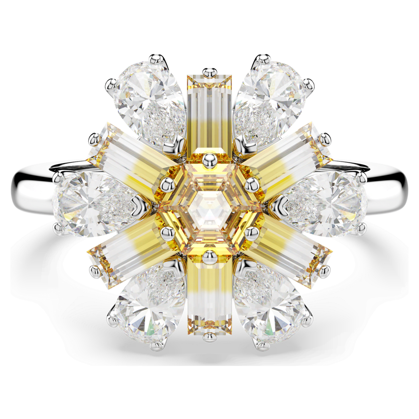 swarovski idyllia cocktail ring  mixed cuts  flower  yellow  rhodium plated