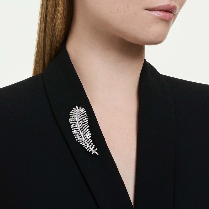 swarovski vienna pendant and brooch  mixed cuts  feather  white  rhodium plated
