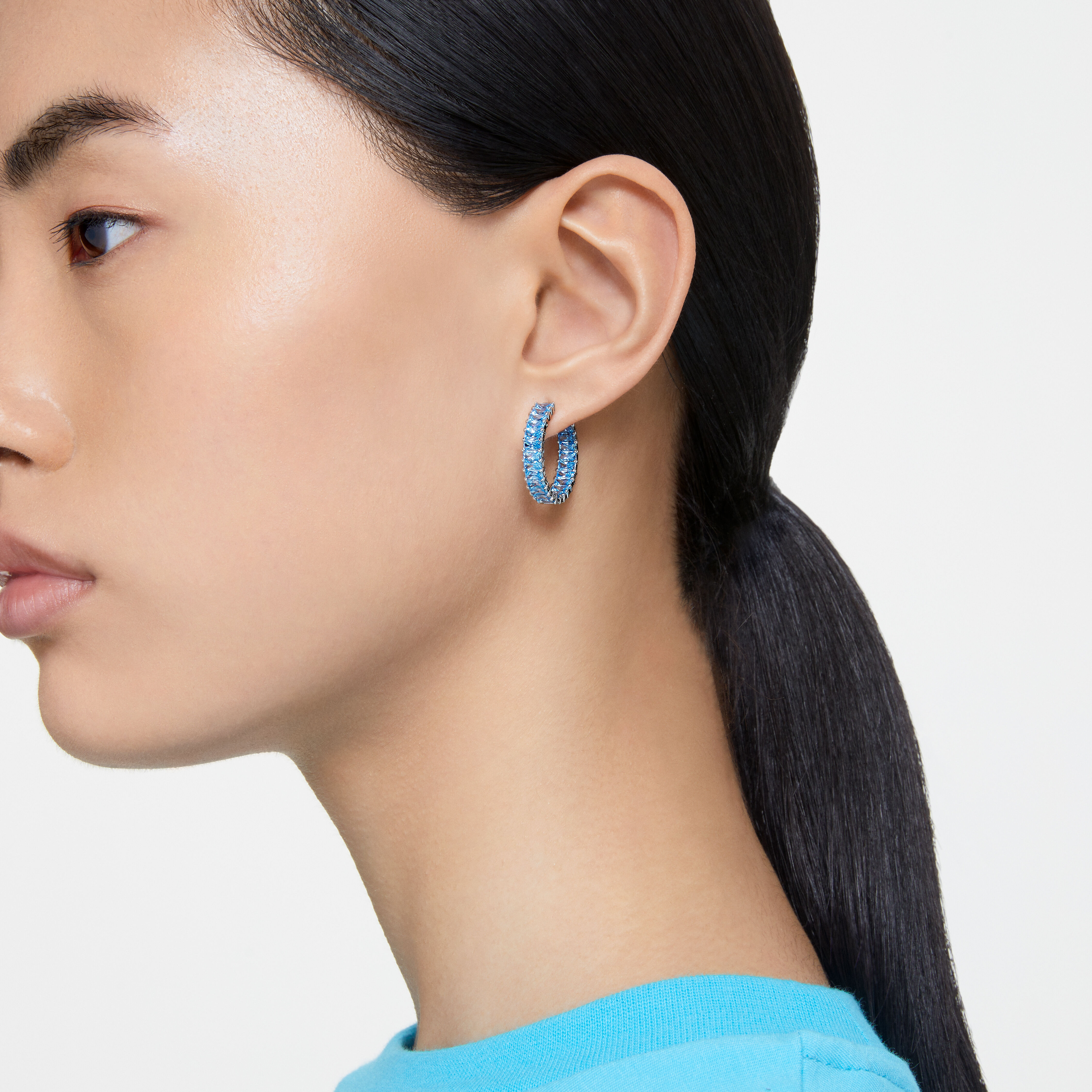 Buy Swarovski Matrix hoop earrings Baguette cut Blue Rhodium plated