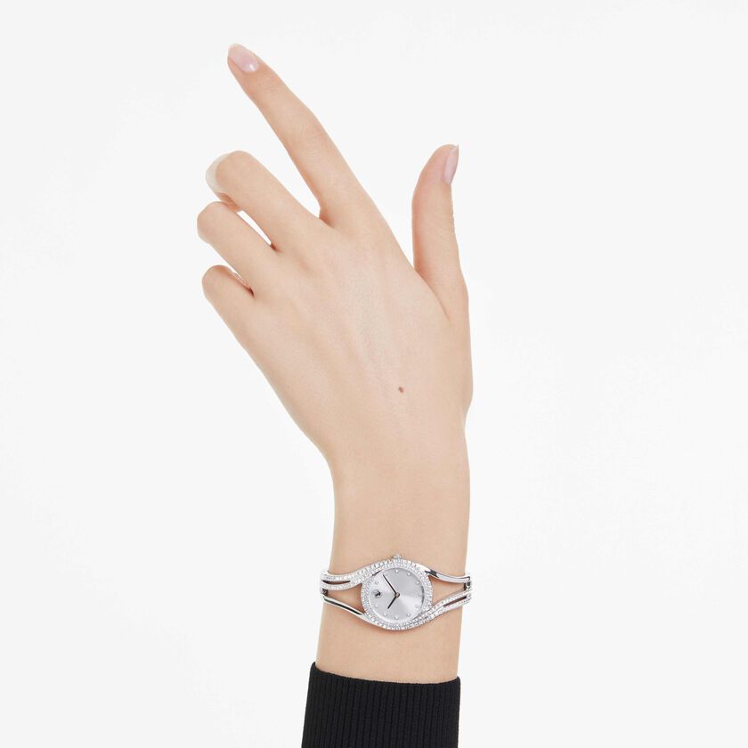 swarovski hyperbola bangle watch  swiss made  metal bracelet  silver tone  stainless steel