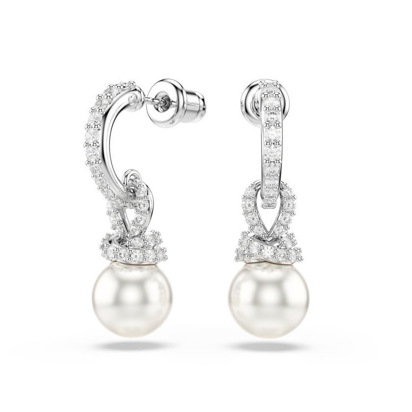 swarovski originally drop earrings  crystal pearl  pav   white  rhodium plated