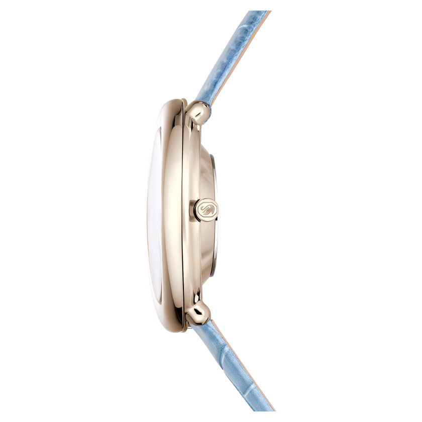 swarovski imber oval watch  swiss made  leather strap  blue  champagne gold tone finish