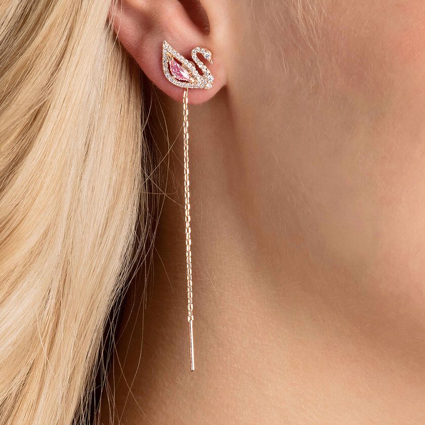 swarovski swan drop earrings  swan  pink  rose gold tone plated