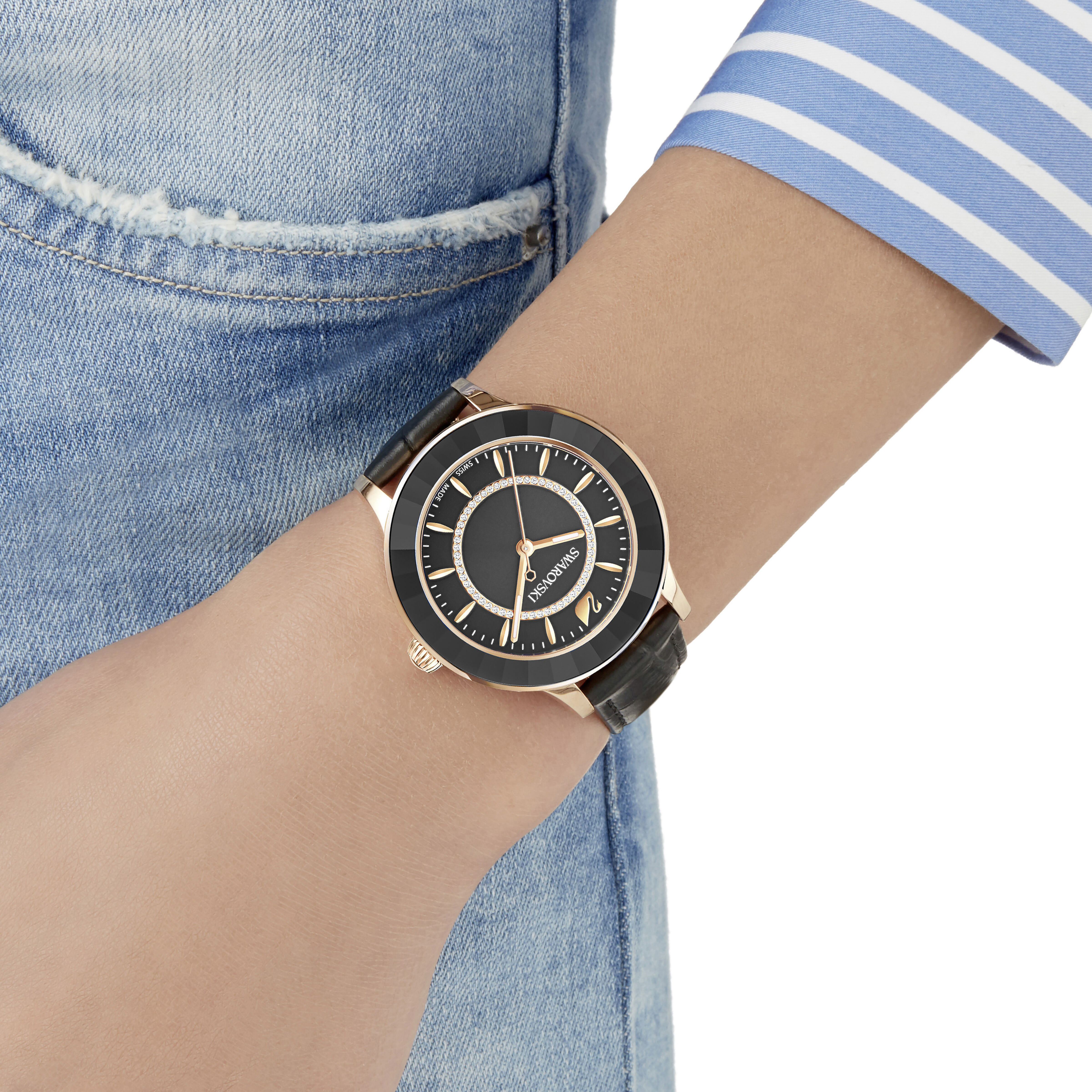 Buy Swarovski Octea Lux Watch Leather Strap Black Rose Gold Tone