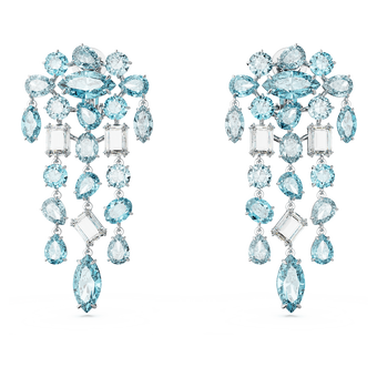 Gema clip earrings, Mixed cuts, Chandelier, Extra long, Blue, Rhodium plated swarovski gema clip earrings  mixed cuts  chandelier  extra long  blue  rhodium plated