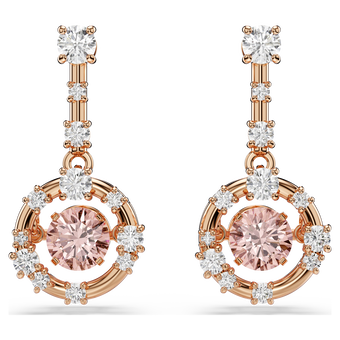 swarovski constella drop earrings  round cut  dancing stone  pink  rose gold tone plated