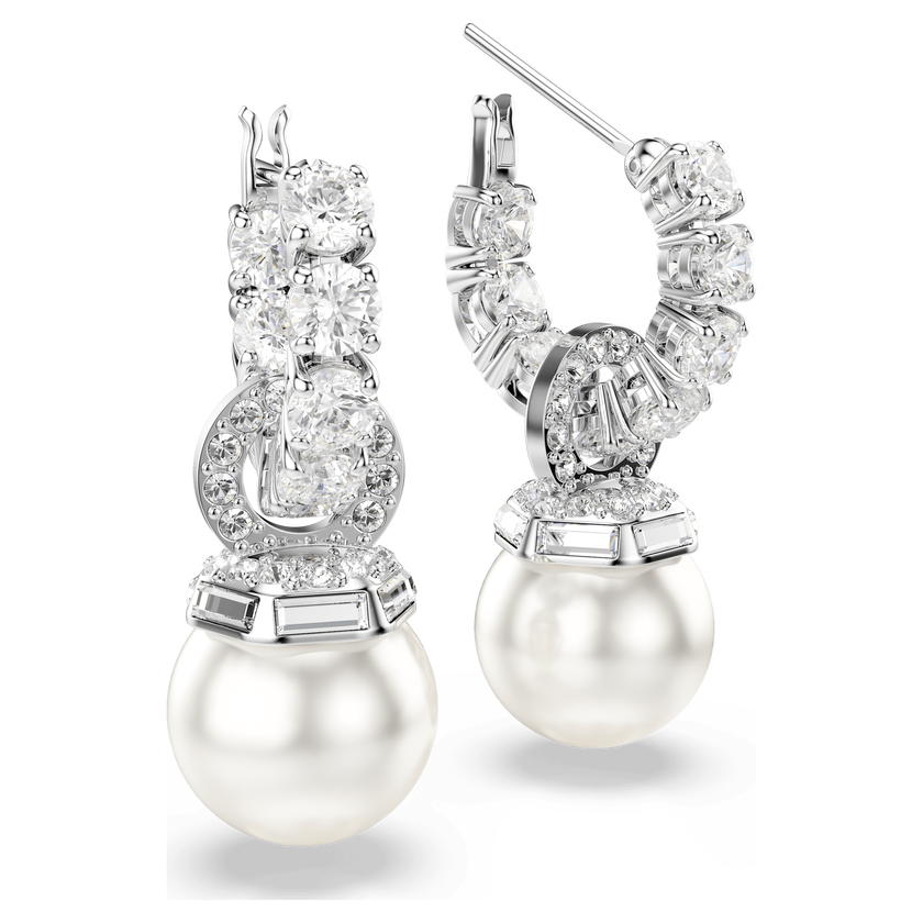 swarovski matrix drop earrings  crystal pearl  round cut  white  rhodium plated