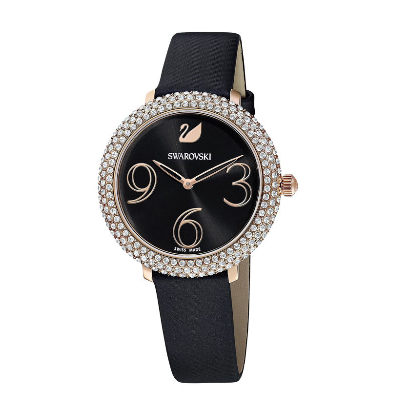 Crystal Frost Watch, Leather Strap, Black, Rose-gold tone PVD