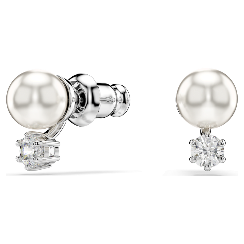 swarovski matrix stud earrings  crystal pearl  round cut  white  rhodium plated