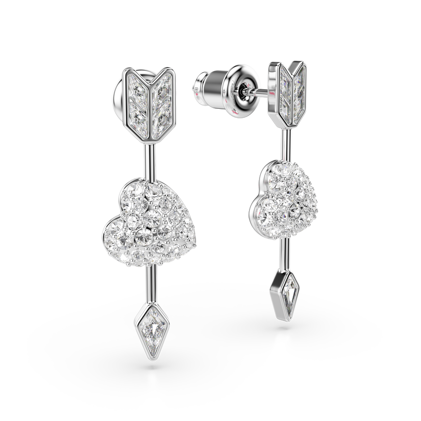 swarovski idyllia drop earrings  mixed cuts  heart with arrow  white  rhodium plated