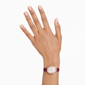 swarovski dextera octagon watch  swiss made  leather strap  red  rose gold tone finish