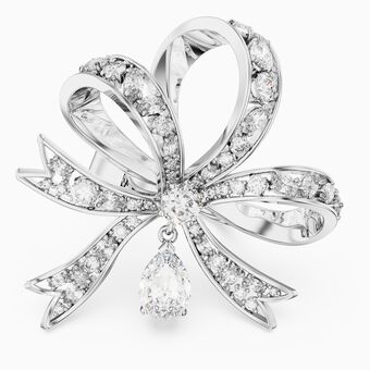 Volta cocktail ring, Bow, Large, White, Rhodium plated