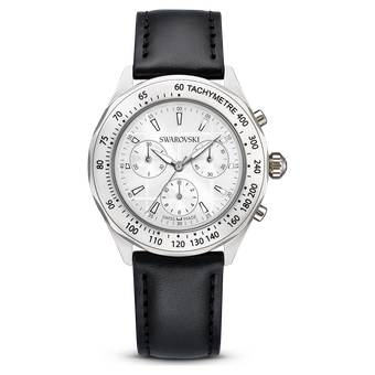 swarovski dextera tachymetre watch swiss made leather strap silver tone stainless steel