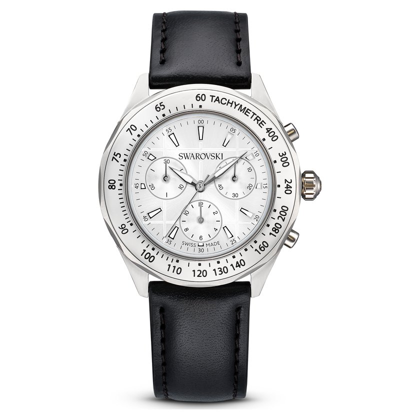 swarovski dextera tachymetre watch  swiss made  leather strap  silver tone  stainless steel