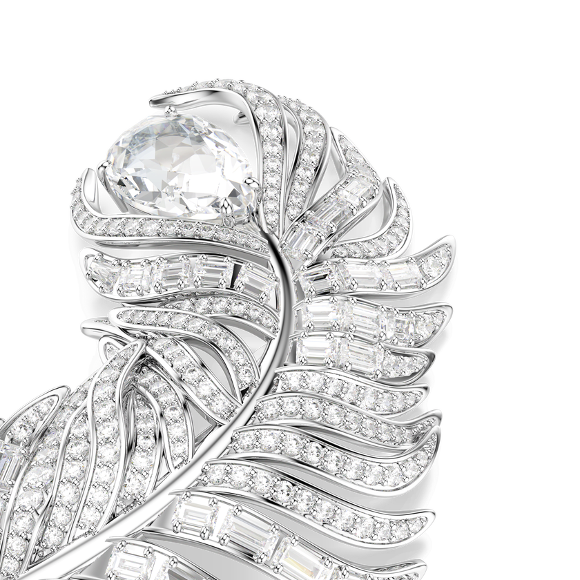 swarovski vienna brooch  mixed cuts  feather  white  rhodium plated