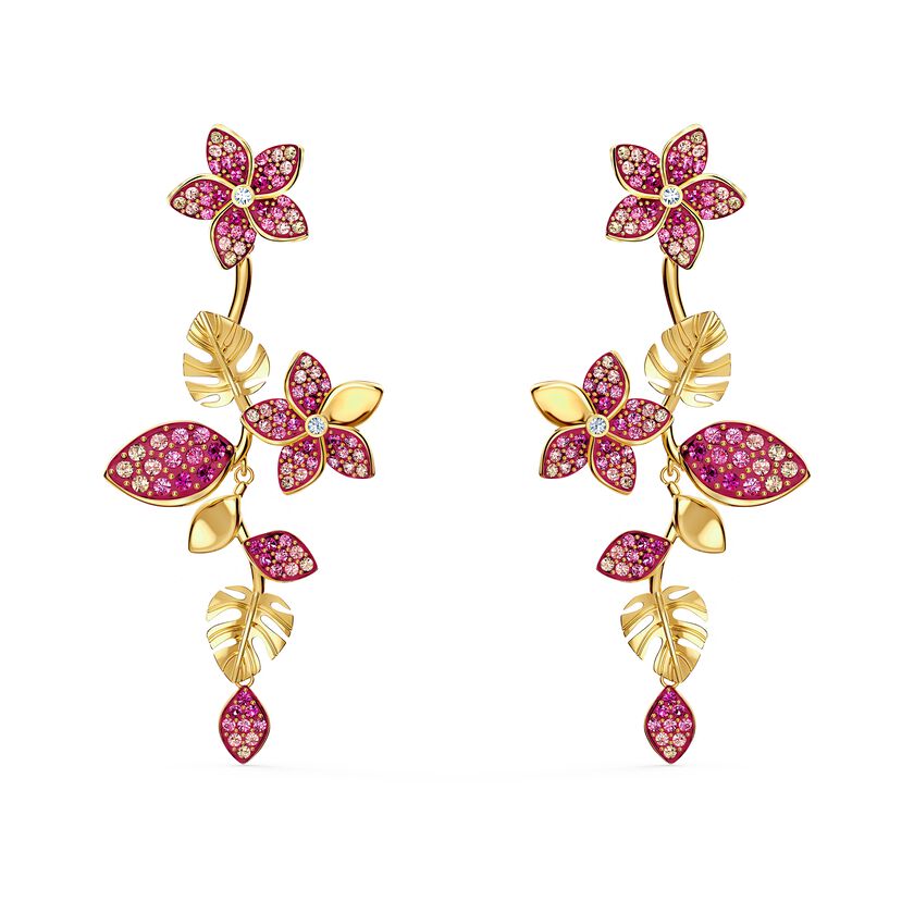Tropical Flower Pierced Earrings, Pink, Gold-tone plated