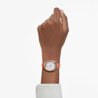 swarovski imber oval watch  swiss made  leather strap  orange  rose gold tone finish