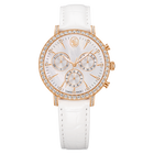 swarovski matrix tennis chrono watch  swiss made  leather strap  white  rose gold tone finish