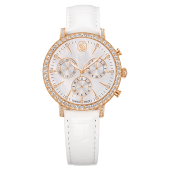 swarovski matrix tennis chrono watch  swiss made  leather strap  rose gold tone  rose gold tone finish