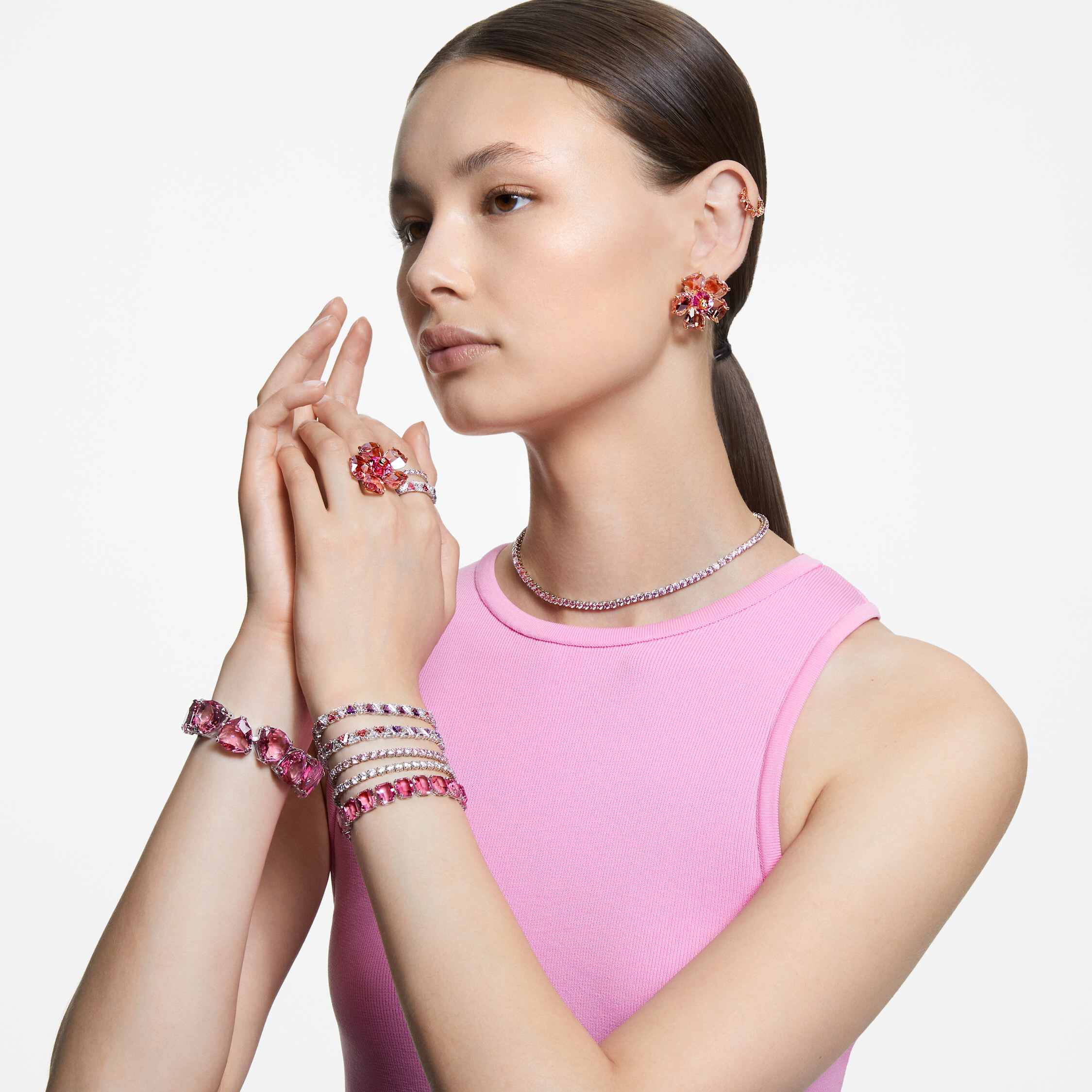 swarovski matrix tennis necklace  round cut  pink  rhodium plated