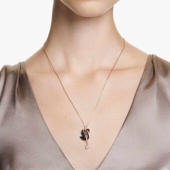 swarovski swan pendant  swan  black  rose gold tone plated