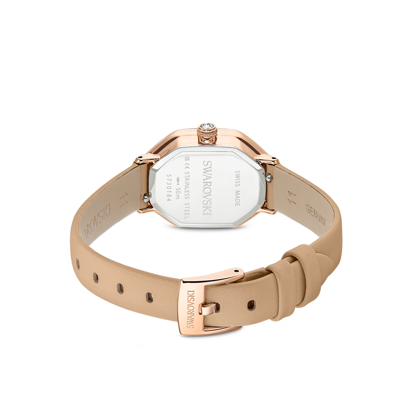 swarovski dextera octagon watch  swiss made  leather strap  brown  rose gold tone finish