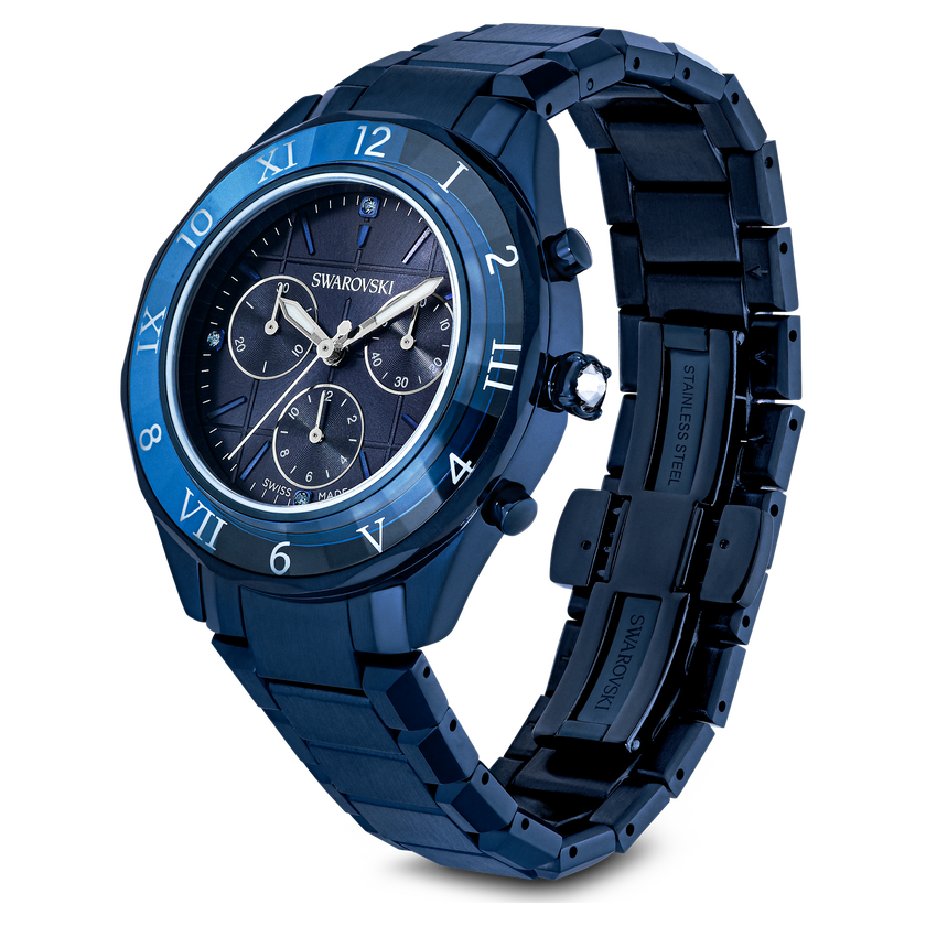 swarovski dextera chrono watch  39mm  swiss made  metal bracelet  blue  blue finish