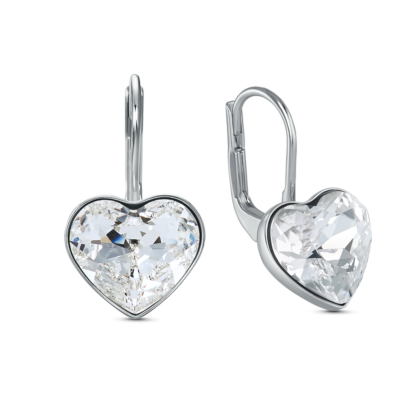 Bella Heart Pierced Earrings, White, Rhodium plated