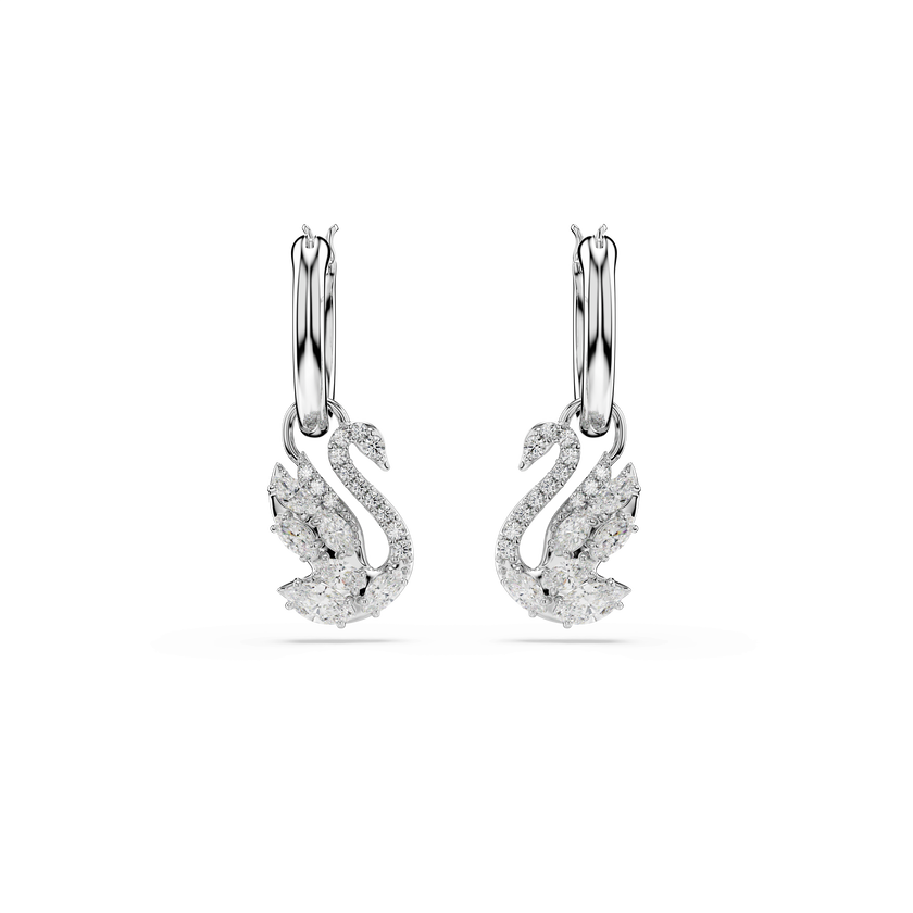swarovski swan drop earrings  mixed cuts  swan  white  rhodium plated