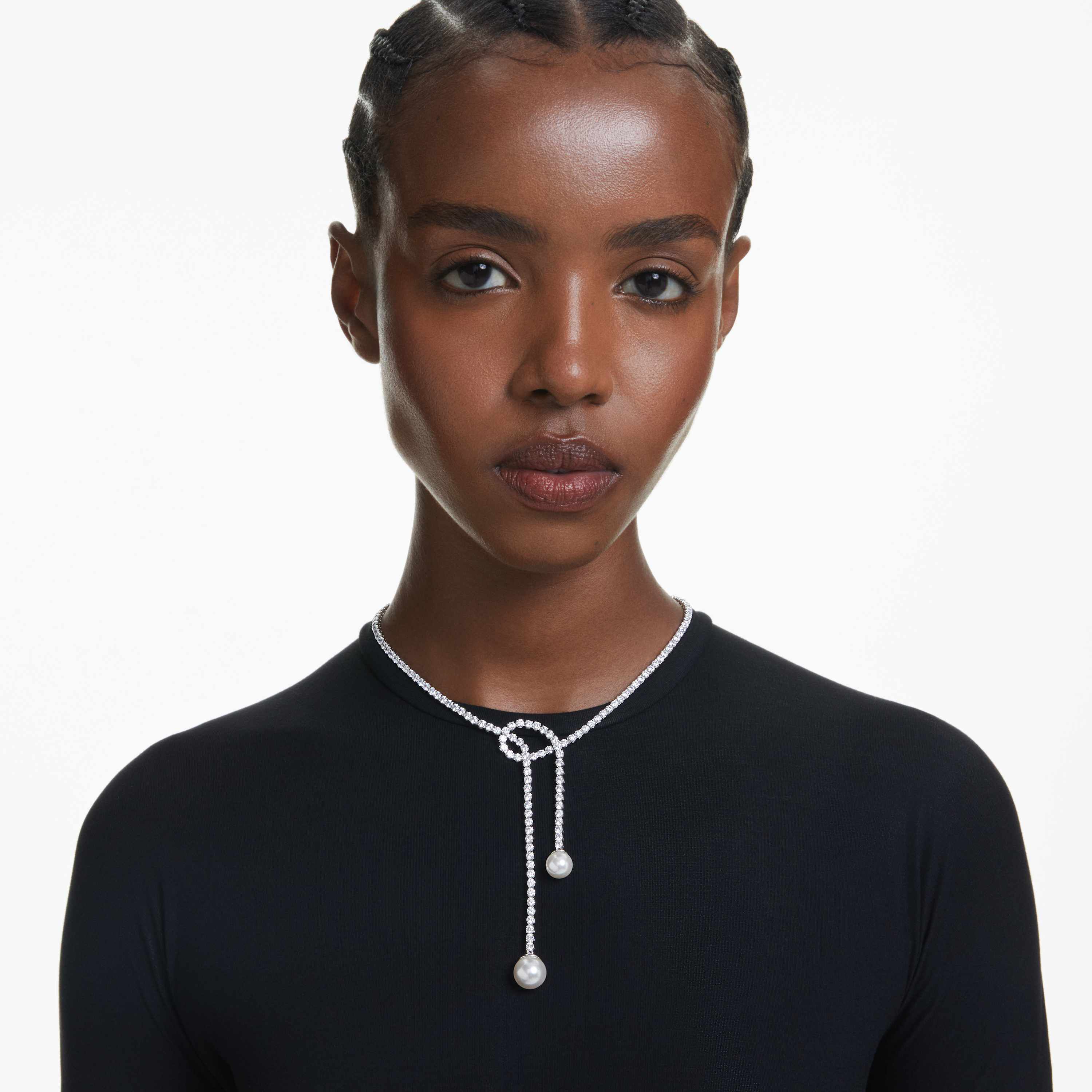 swarovski matrix y necklace  crystal pearl  round cut  white  rhodium plated