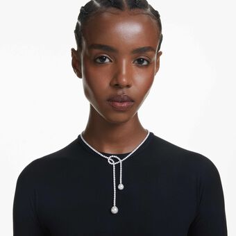 swarovski matrix y necklace  crystal pearl  round cut  white  rhodium plated