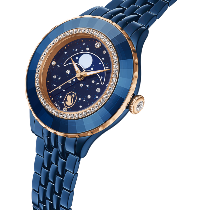 swarovski octea moon watch  swiss made  metal bracelet  blue  blue finish