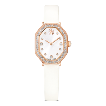 swarovski dextera octagon watch  swiss made  leather strap  white  rose gold tone finish
