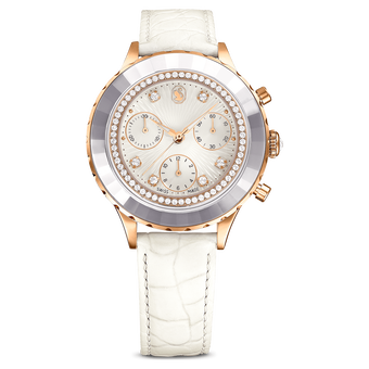 swarovski octea chrono watch swiss made leather strap white rose gold tone finish