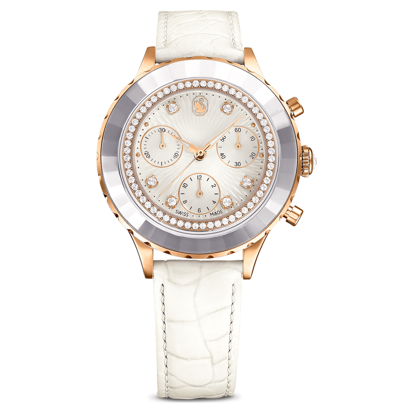 swarovski octea chrono watch  swiss made  leather strap  white  rose gold tone finish