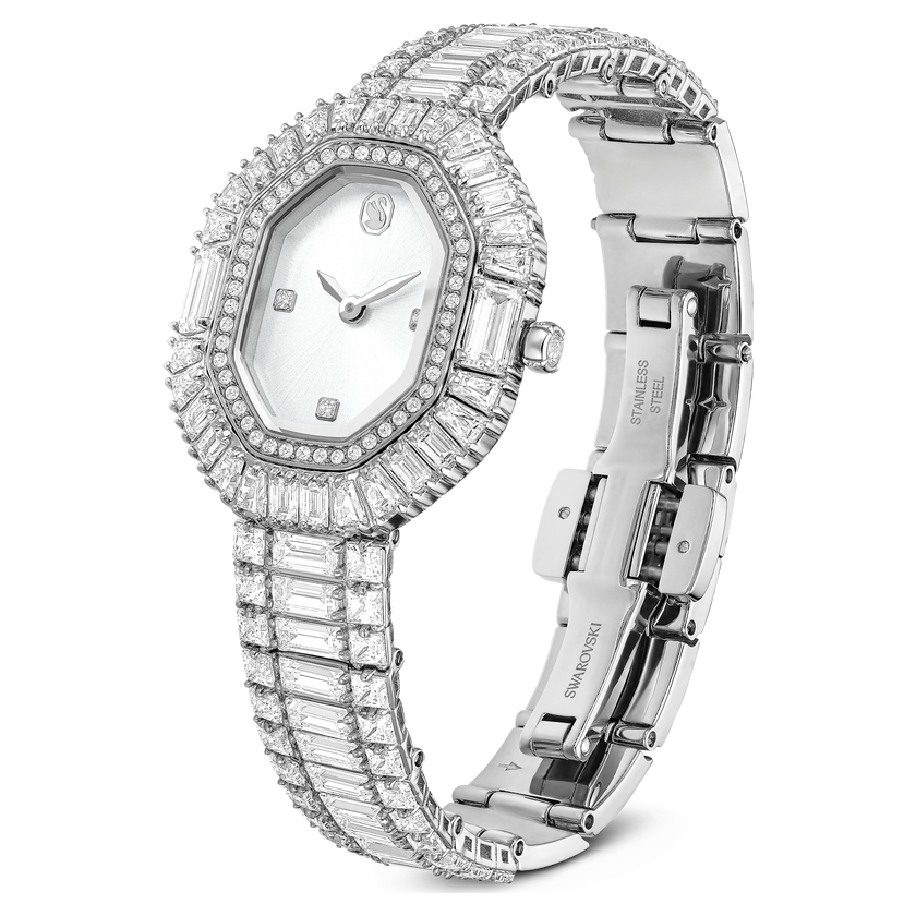 swarovski matrix octagon watch  baguette cut  metal bracelet  silver tone  stainless steel