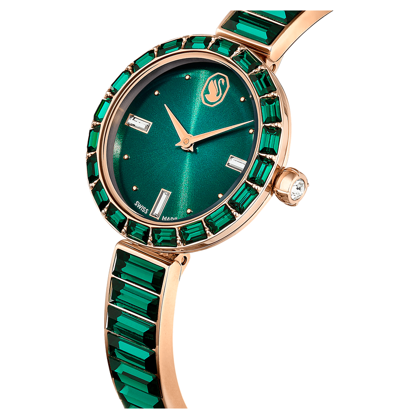 swarovski matrix bangle watch  swiss made  crystal bracelet  green  champagne gold tone finish