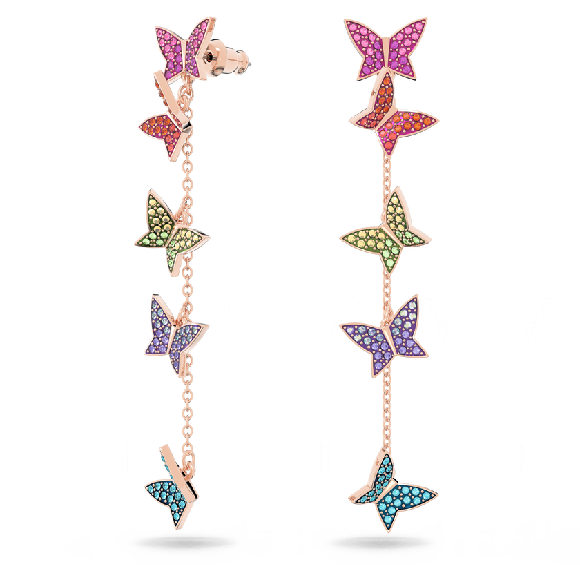 swarovski lilia drop earrings  butterfly  long  multicolored  rose gold tone plated