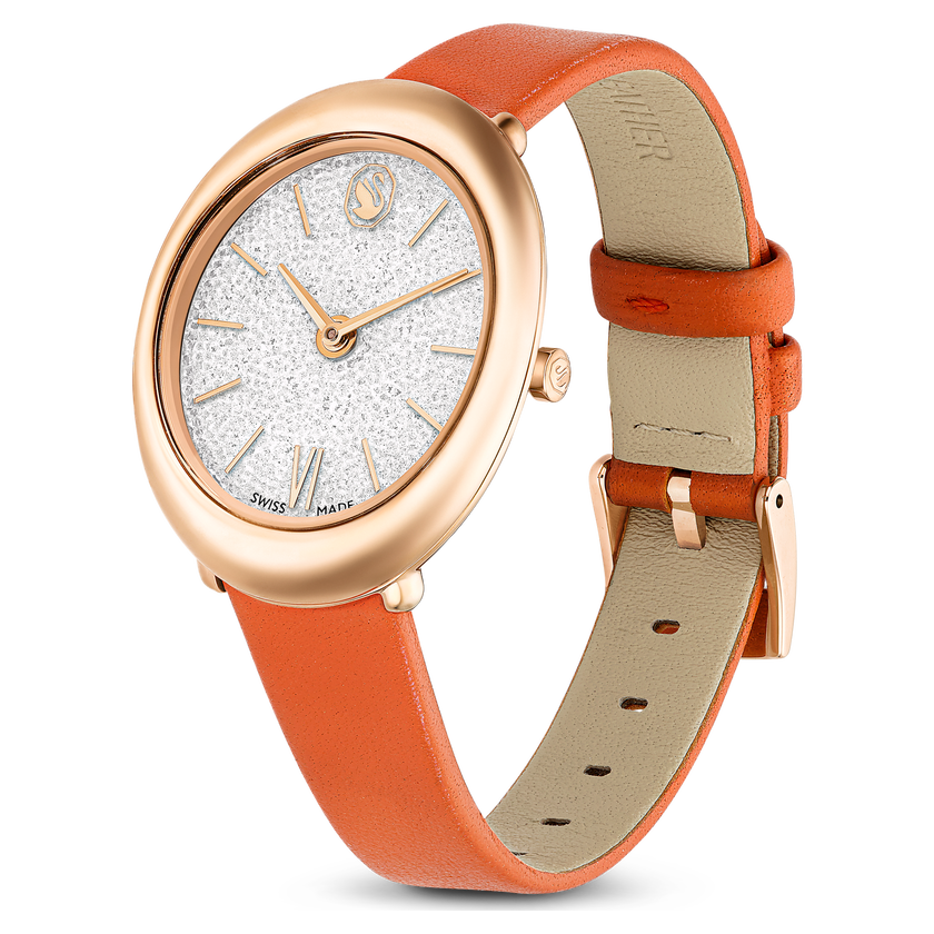 swarovski imber oval watch  swiss made  leather strap  orange  rose gold tone finish