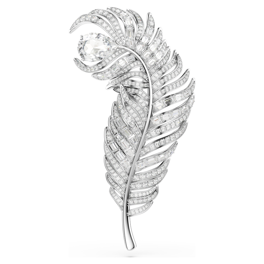swarovski vienna brooch  mixed cuts  feather  white  rhodium plated