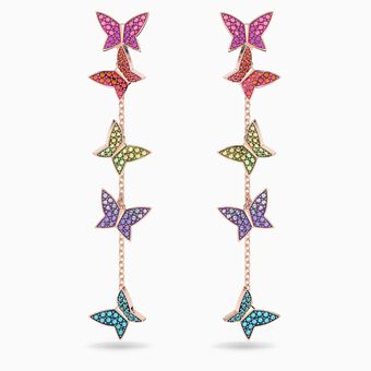 Lilia drop earrings, Butterfly, Long, Multicolored, Rose-gold tone plated