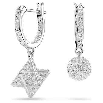 swarovski dextera drop earrings  asymmetrical design  round cut  star and sphere  white  rhodium plated