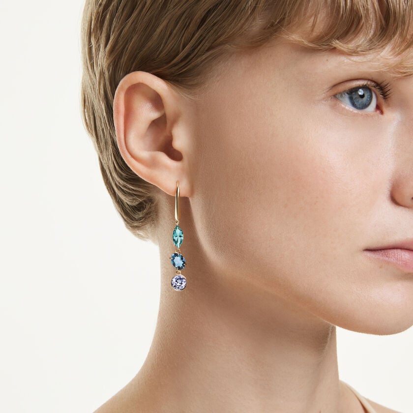 swarovski gema drop earrings  asymmetrical design  mixed cuts  multicolored  gold tone plated