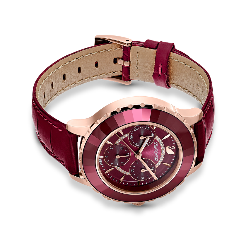 Octea Lux Chrono Watch, Leather strap, Red, Rose-gold tone PVD
