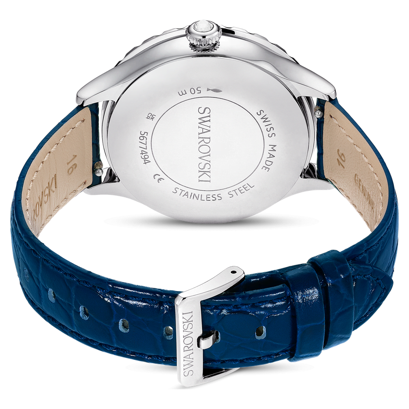 swarovski octea moon watch  swiss made  moon  leather strap  blue  stainless steel